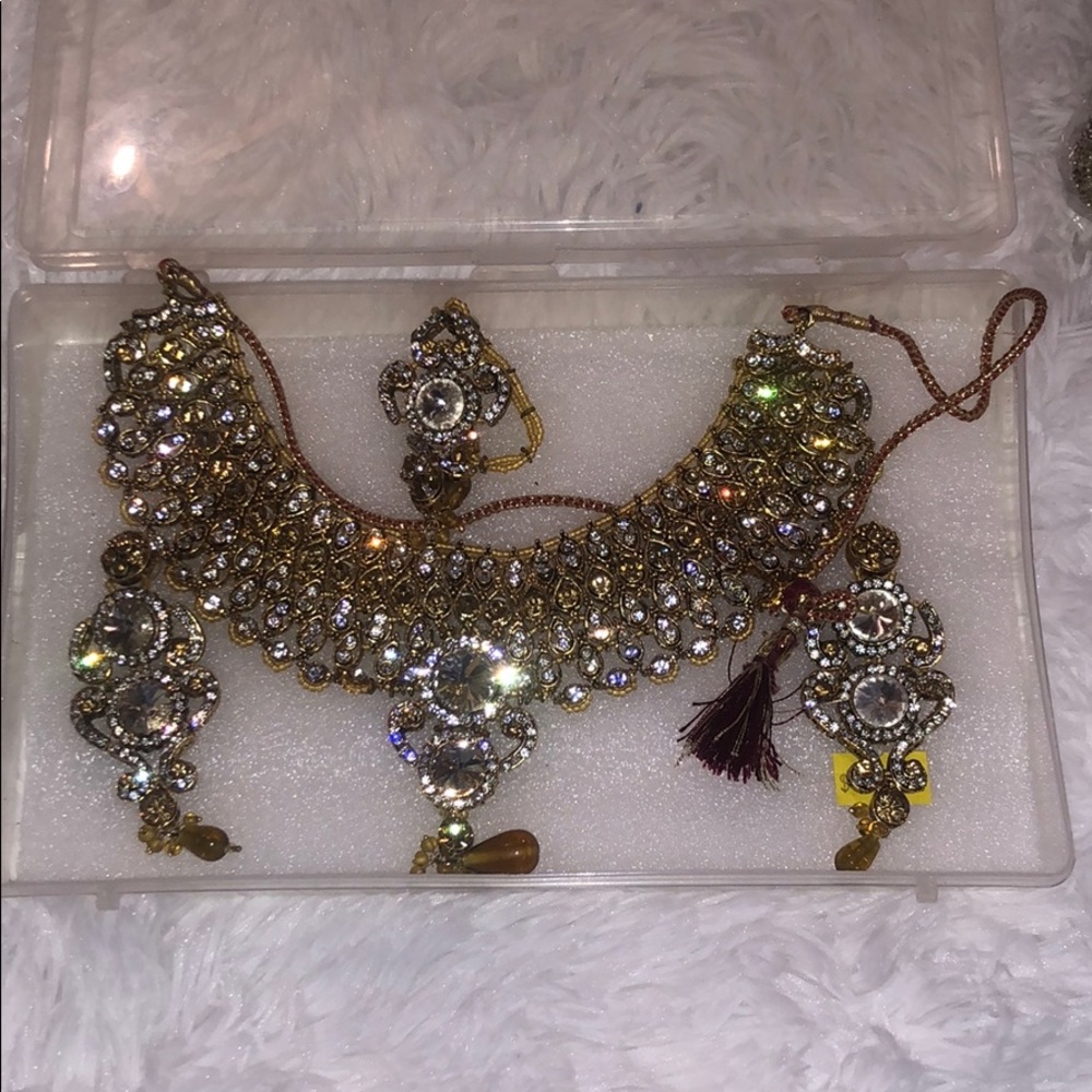 Gold Crystal Bridal Necklace Set with Earrings and Tikka